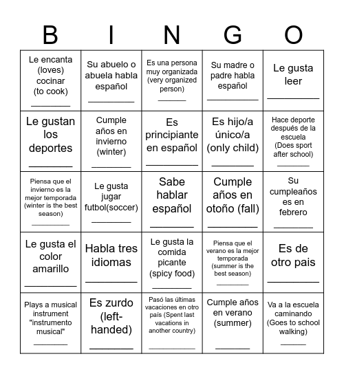 BINGO para conocerse Bingo Card