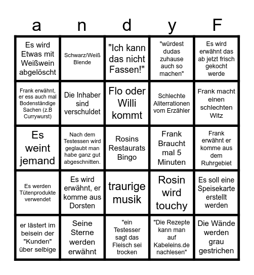 Rosins Restaurant Bingo Card