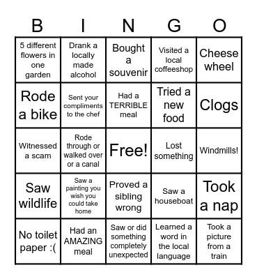 Siblings Netherlands Trip Bingo Card