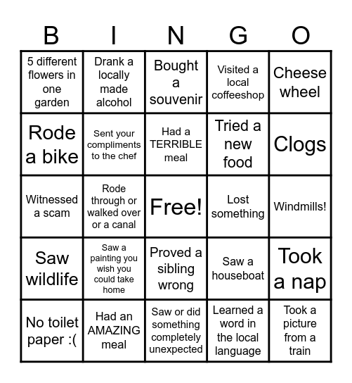 Siblings Netherlands Trip Bingo Card