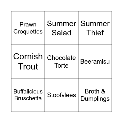 Food Sales Bingo Card