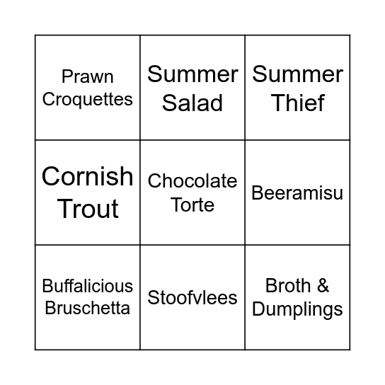 Food Sales Bingo Card