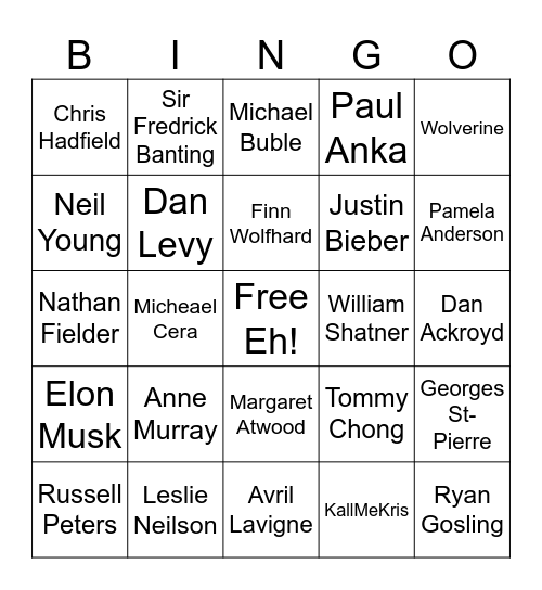 C   A   N   A   D   I   A   N Bingo Card