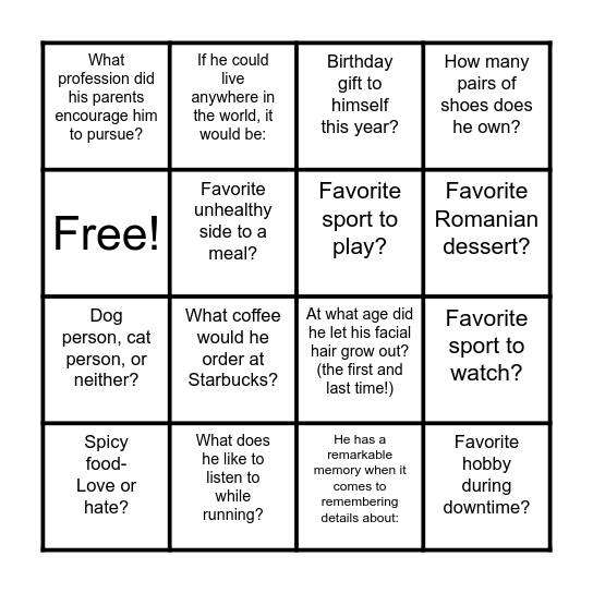 How well do you know Andrei? Bingo Card