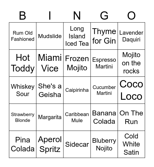 Cruise Drinks Bingo Card