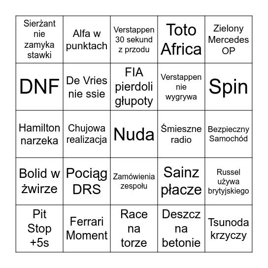F1 - najebany Bingo Card