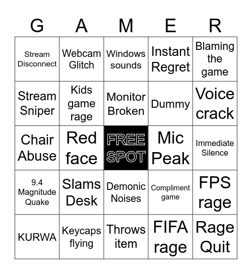 Gamer Rage Bingo Card