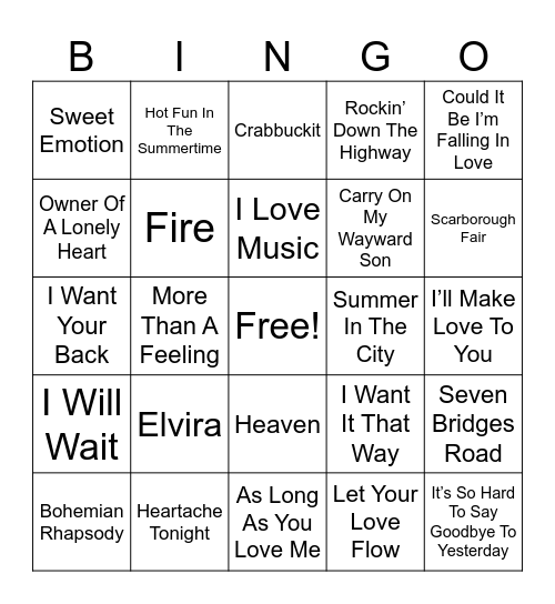 Harmonies Music Bingo Card