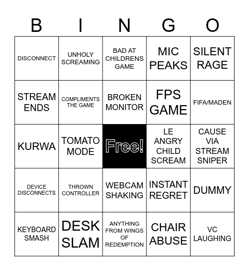 GAMER RAGE BINGO Card