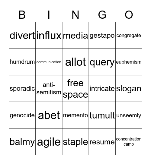 Vocabulary  Bingo Card