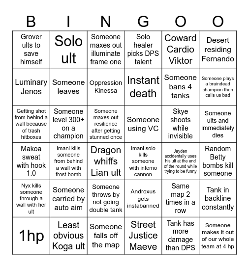 Paladins Bingo Card