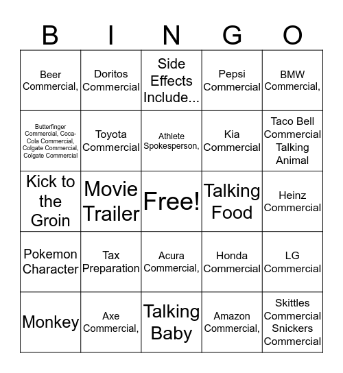 2016 Super Bowl Commercial Bingo Card