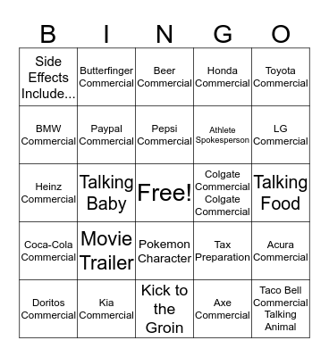 2016 Super Bowl Commercial Bingo Card