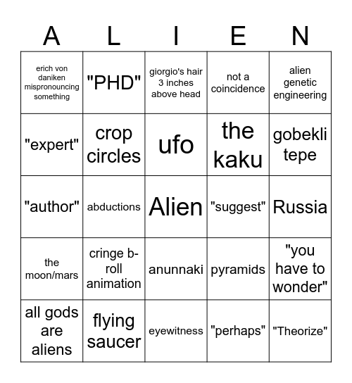 Ancient Alien Bingo Card