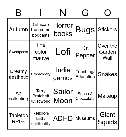 How many interests do you share with me? Bingo Card