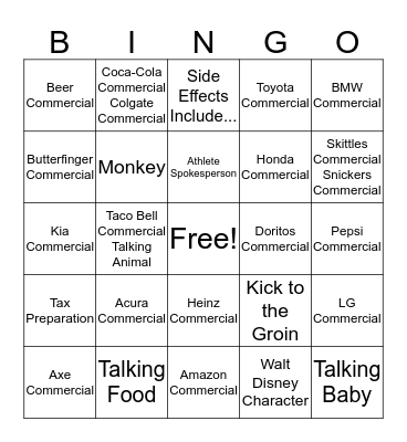 2016 Super Bowl Commercial Bingo Card