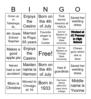 GRANDMA’S BIRTHDAY Bingo Card