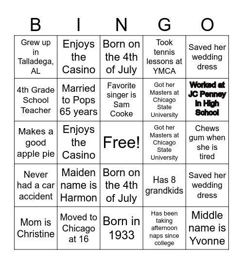 GRANDMA’S BIRTHDAY Bingo Card