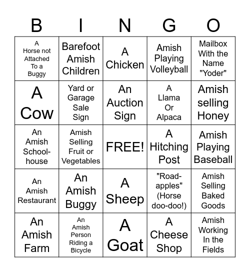 "Amish Country" Bingo Card