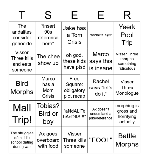 Animorphs Bingo Card