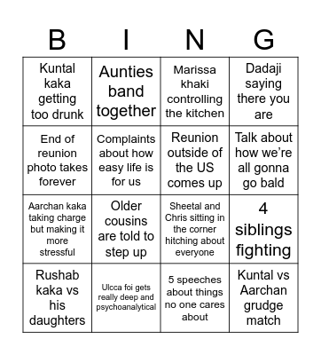 Family Reunion 2023 Bingo Card
