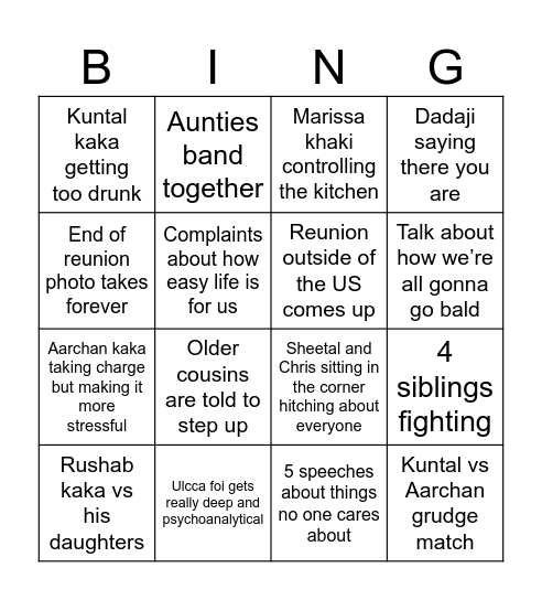 Family Reunion 2023 Bingo Card