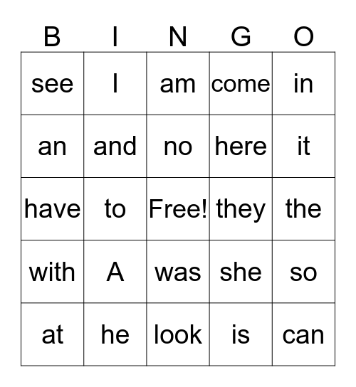 Sight Word  Bingo Card