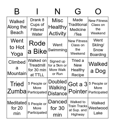 TTLL Health Challenge Bingo Card