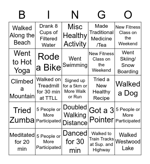 TTLL Health Challenge Bingo Card