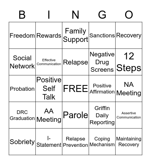 Recovery Bingo  Bingo Card