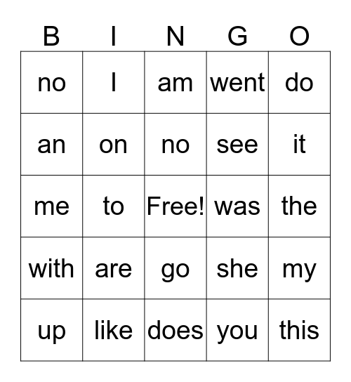 Sight Word  Bingo Card