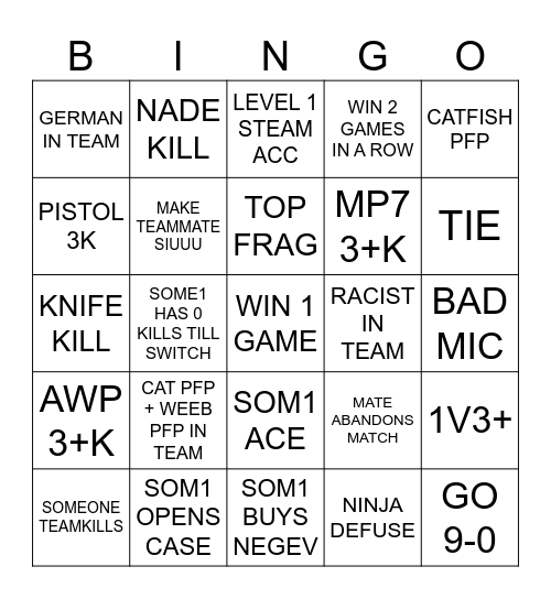 CSGO BINGO easy Bingo Card