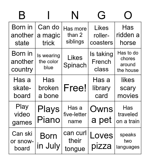 7th grade Bingo Card