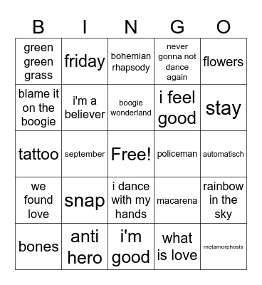 Muziek Bingo Card