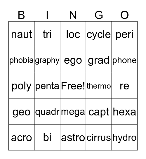 Word Roots Bingo Card