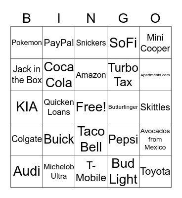 Super Bowl 50 Commercial  Bingo Card