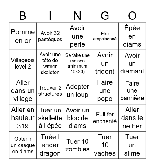 Minecraft bingo Card