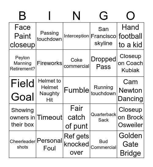 Super Bowl Bingo Card