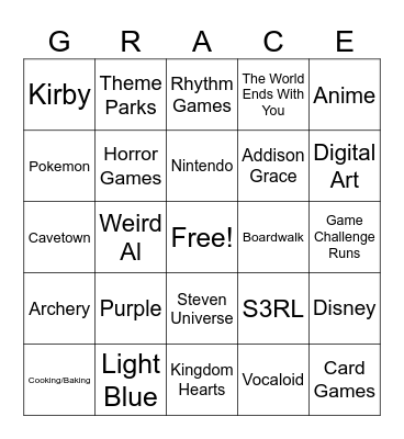 Grace's Interests Bingo Card