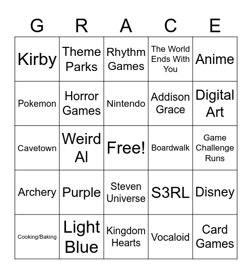 Grace's Interests Bingo Card