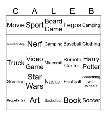 Caleb's Birthday Bingo Card