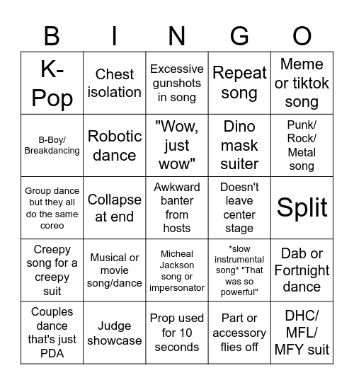 Fursuit Dance Comp Bingo Card