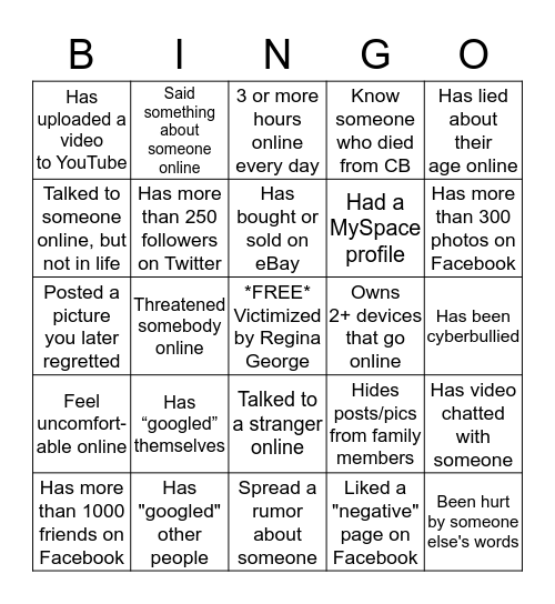 Cyberbullying Bingo Card