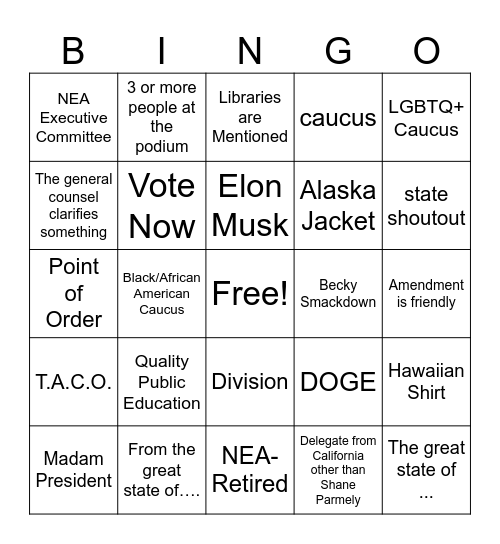 Colorado NEA RA - Portland, 2025 Bingo Card