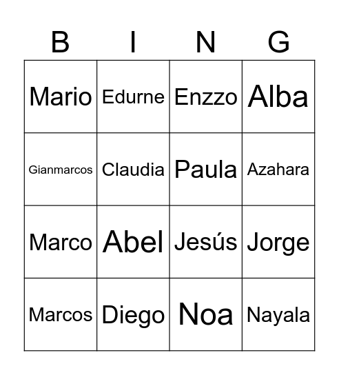 NOMBRES Bingo Card