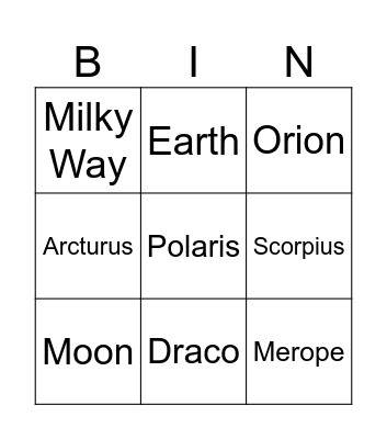 Astronomy Class Bingo Card