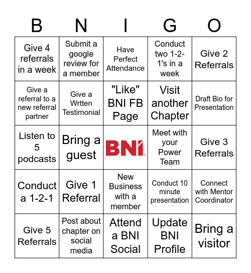 BNI Impact  BNIGO Bingo Card
