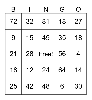 Multiplication Bingo Card