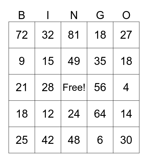 Multiplication Bingo Card