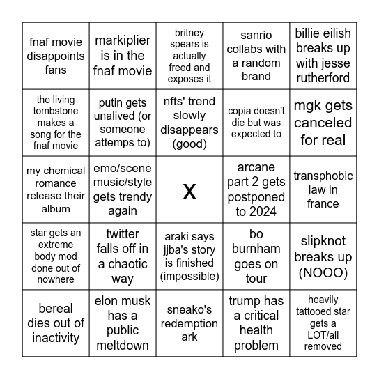 vamp's 2023 bingo Card